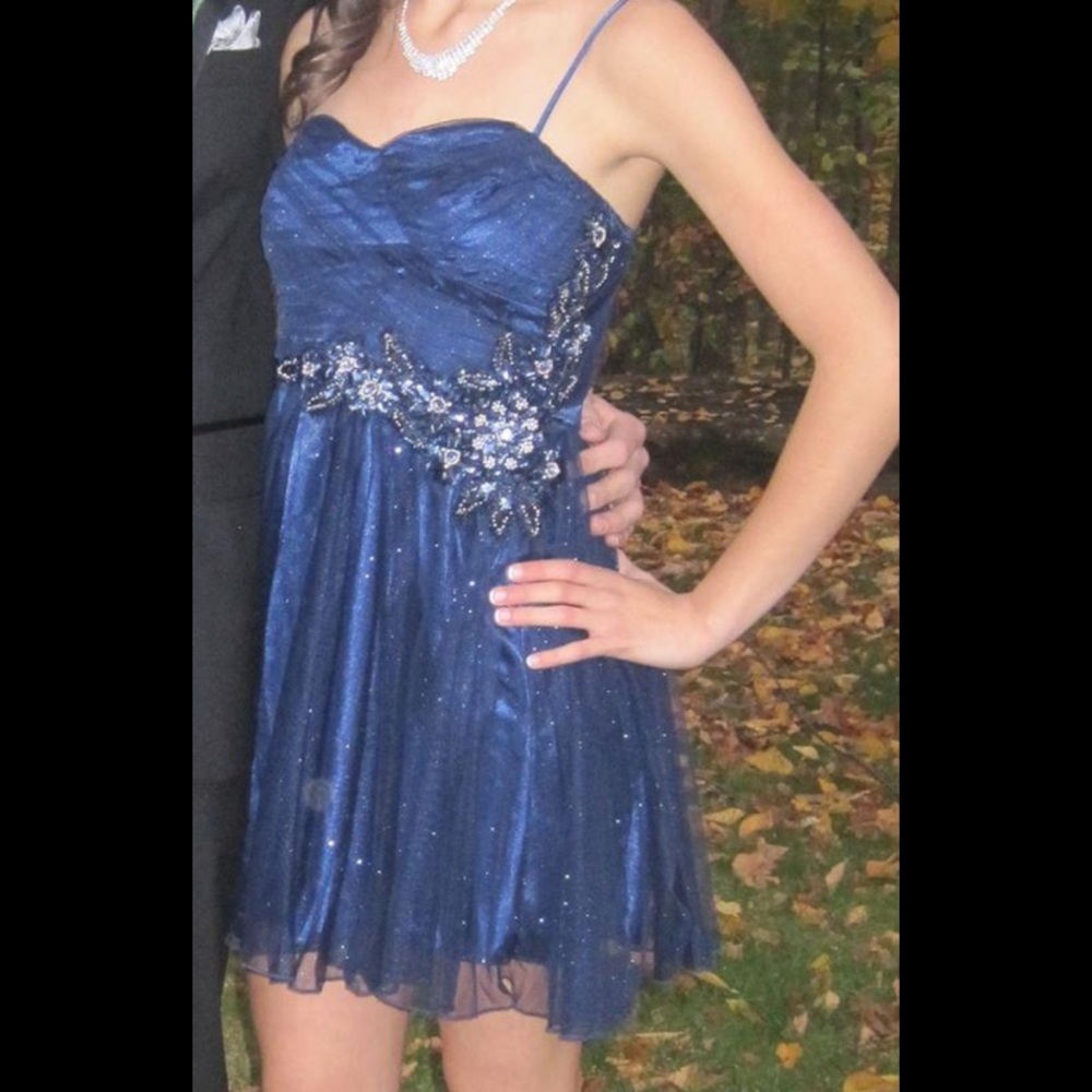 Short sparkly navy blue prom dress